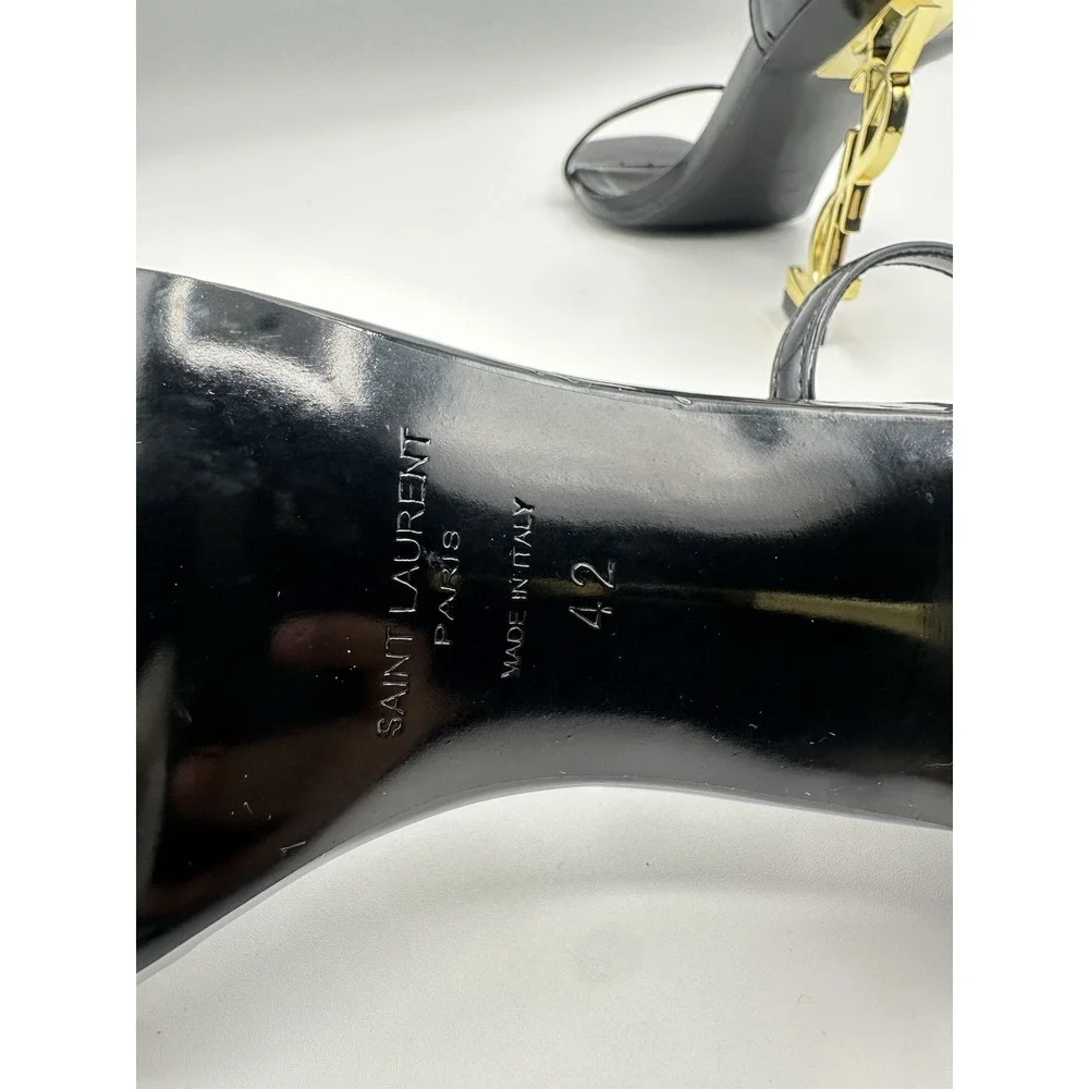 YSL Yves Saint Laurent Black Patent Ankle Strap Sandals Gold Logo Heel Size